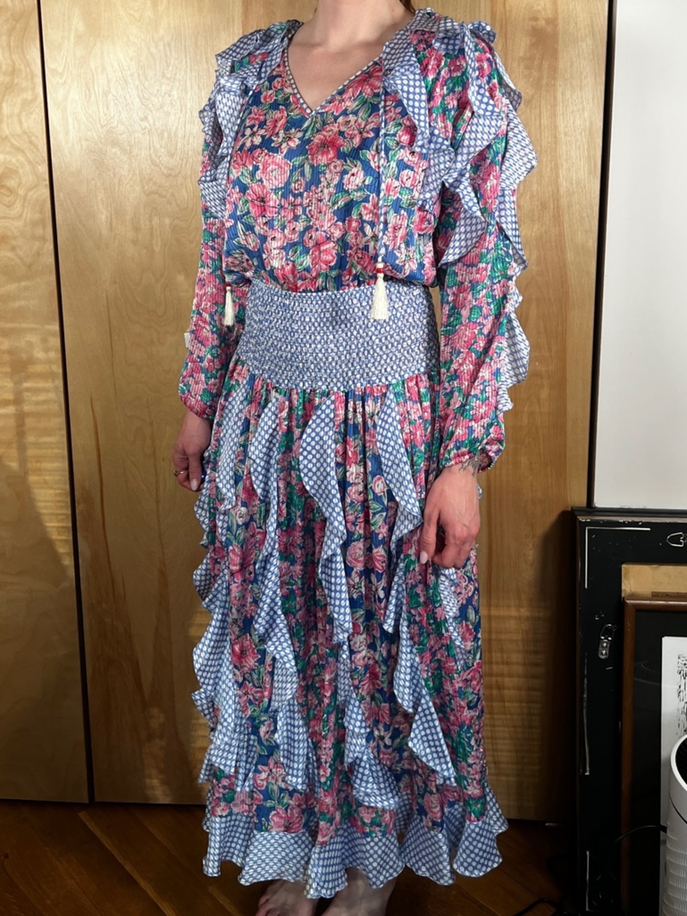 Diane Freis Floral Blue & Pink Smocked Maxi Dress with Tassel Neck